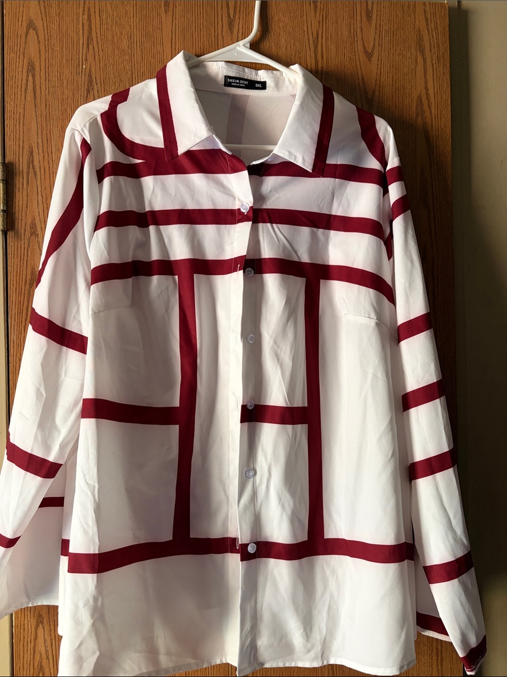 SHEIN White Blouse with Burgundy Grid Stripes